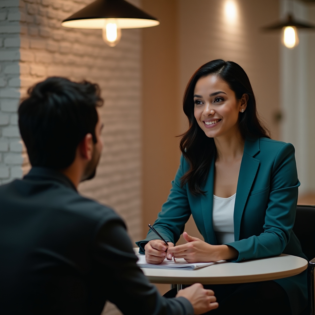 Simulación de entrevista profesional entre dos personas en una sala moderna